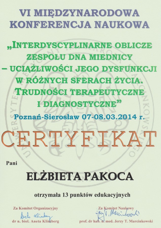 Certyfikat Eli - Konferencja PTTMMH 2