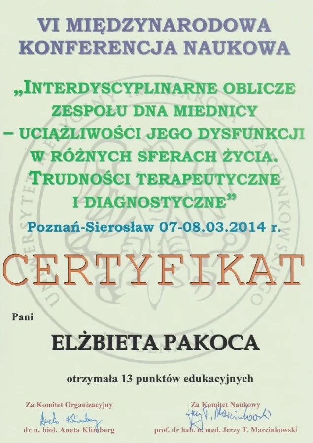 Certyfikat Eli - Konferencja PTTMMH 2