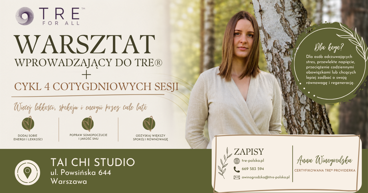 plakat zapraszający na warsztaty wprowadzające do TRE oraz cykl sesji w Warszawie